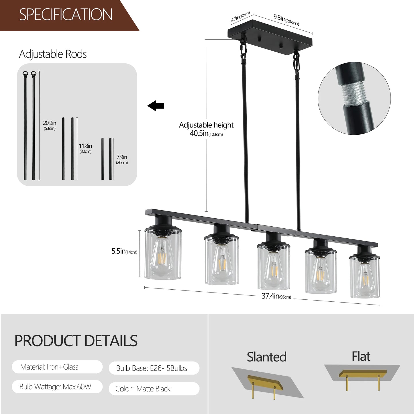 Chandelier Dining Table 5-Light Kitchen Island Pendant Light, Modern Chandelier Light with Clear Glass Shades, Matte Black Iron