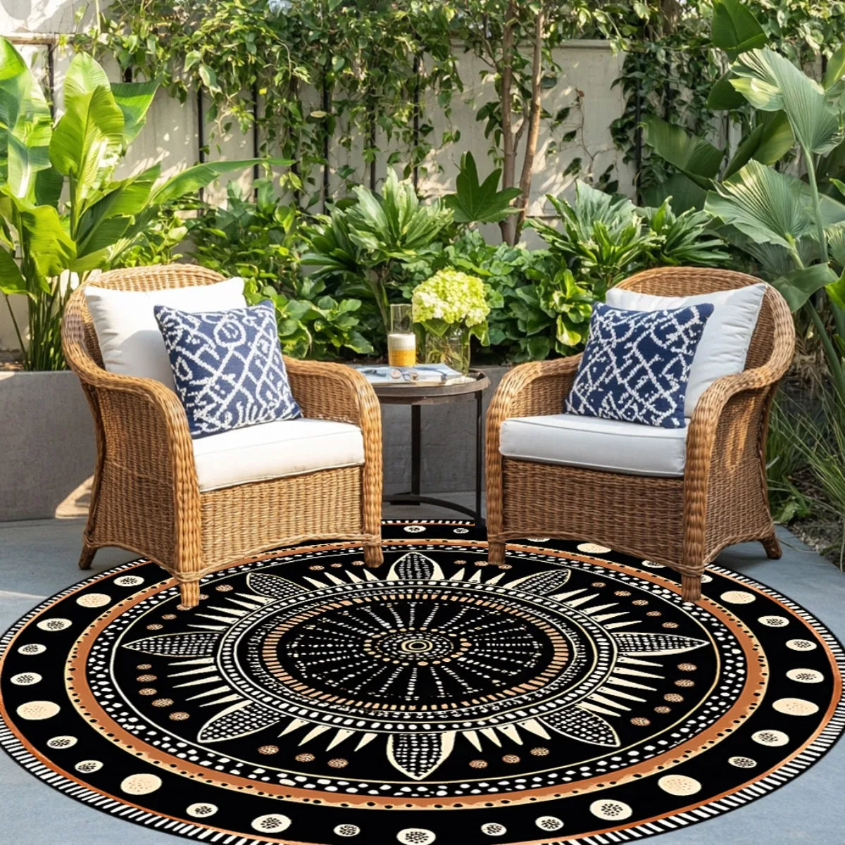 African Geometric Round Rug, Durable Polyester, Fade-Resistant & Washable, Mystical Ethnic Design, for Bedroom/Living Room