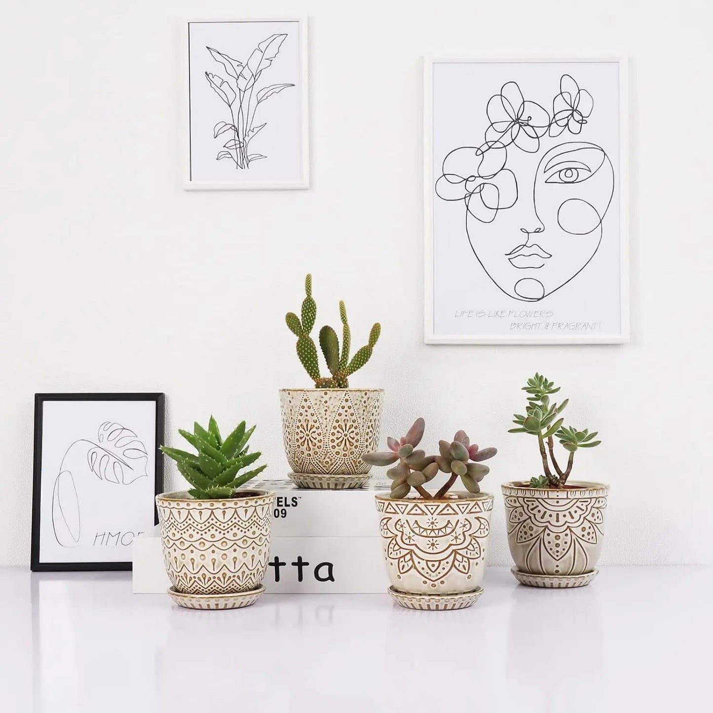 4 Inch Ceramic Plant Pots with Drainage Holes and Saucers, Set of 4 for Succulents and Indoor Plants