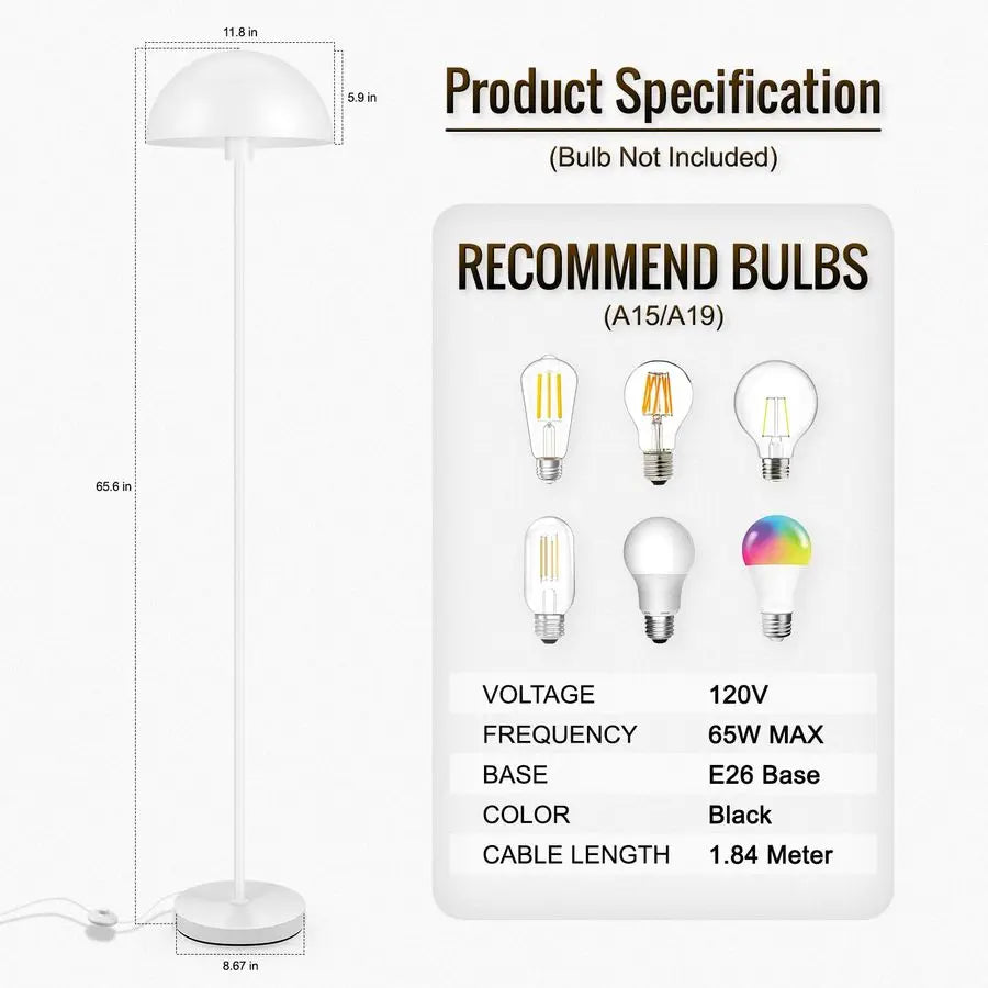Floor Lamps for Living Room, White Metal Mushroom Lamp, 66 Tall Corner Lamp, Footswitch, Bright Industrial Standing Lamps for Be
