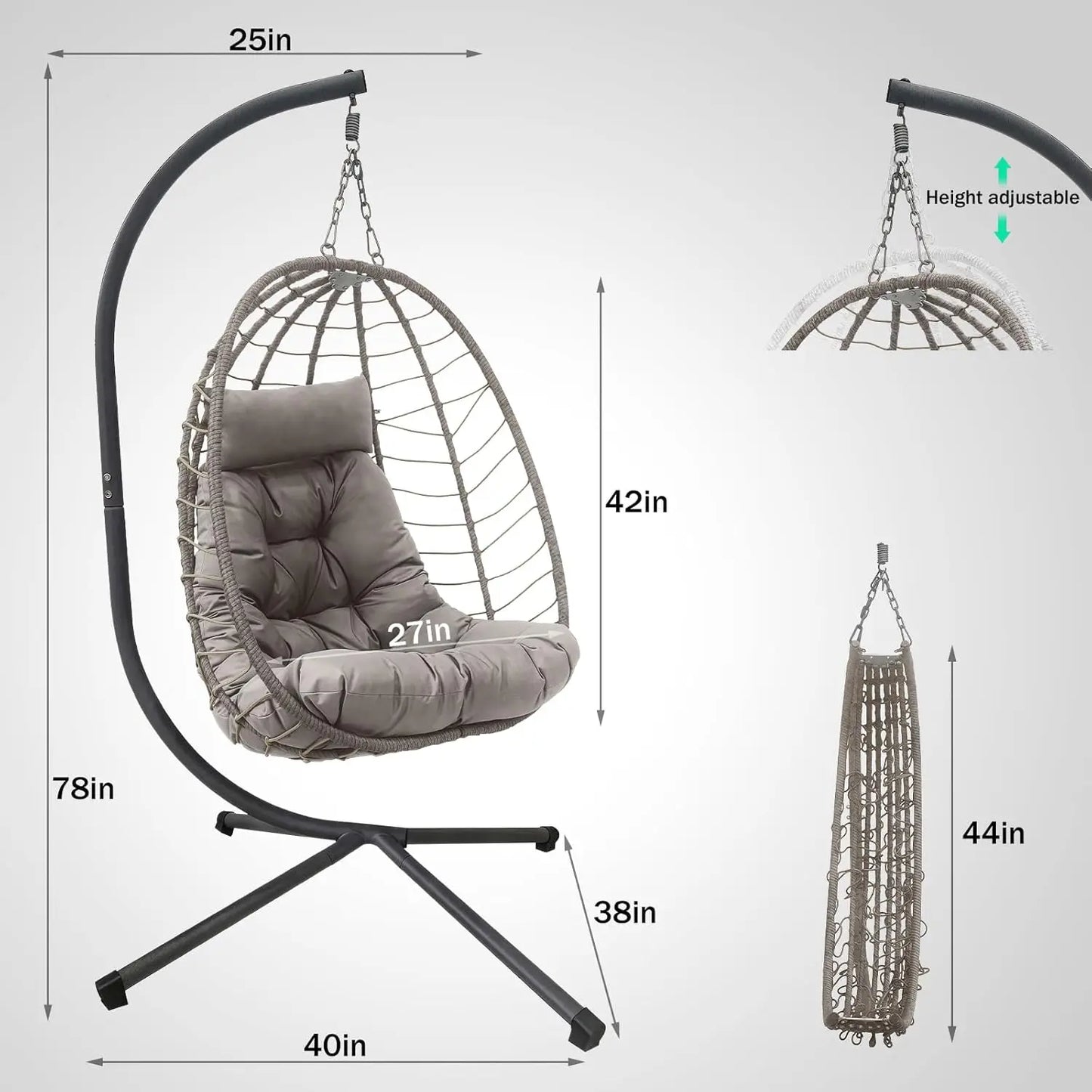 Hanging Egg Chair with Stand, Outdoor Indoor Rattan Wicker Swing Chair, Foldable Patio Hammock with Cushion, Dark, Customized