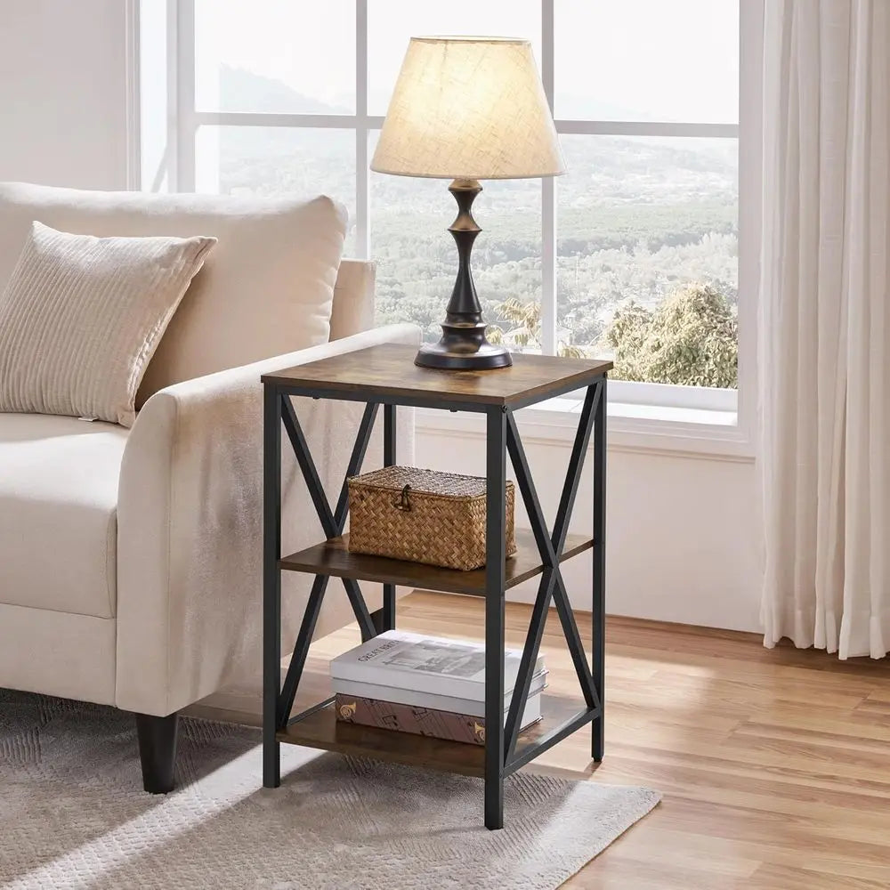 Industrial End Tables Set of 2,3-Tier Side Tables with Storage Shelves for Living Room,X Design, Strong Metal Frame,Rustic Brown