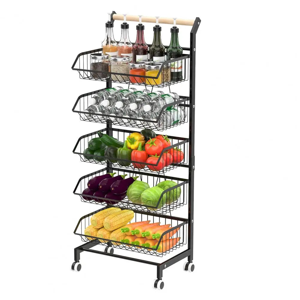 5-Tier Adjustable Rolling Kitchen Cart Fruit Vegetable Basket Metal Wire Storage Cart on Wheels for Potato Onion Snack Produce