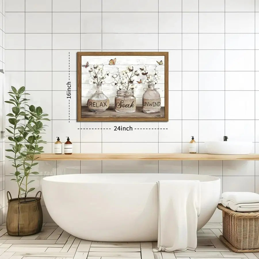 Bathroom Decor Wall Art, Framed Rustic Cotton Pictures Canvas Wall Decor Painting, Modern Country Relax Soak Unwind Sign Artwork
