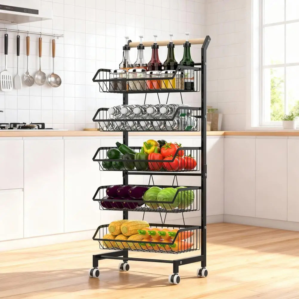 5-Tier Adjustable Rolling Kitchen Cart Fruit Vegetable Basket Metal Wire Storage Cart on Wheels for Potato Onion Snack Produce