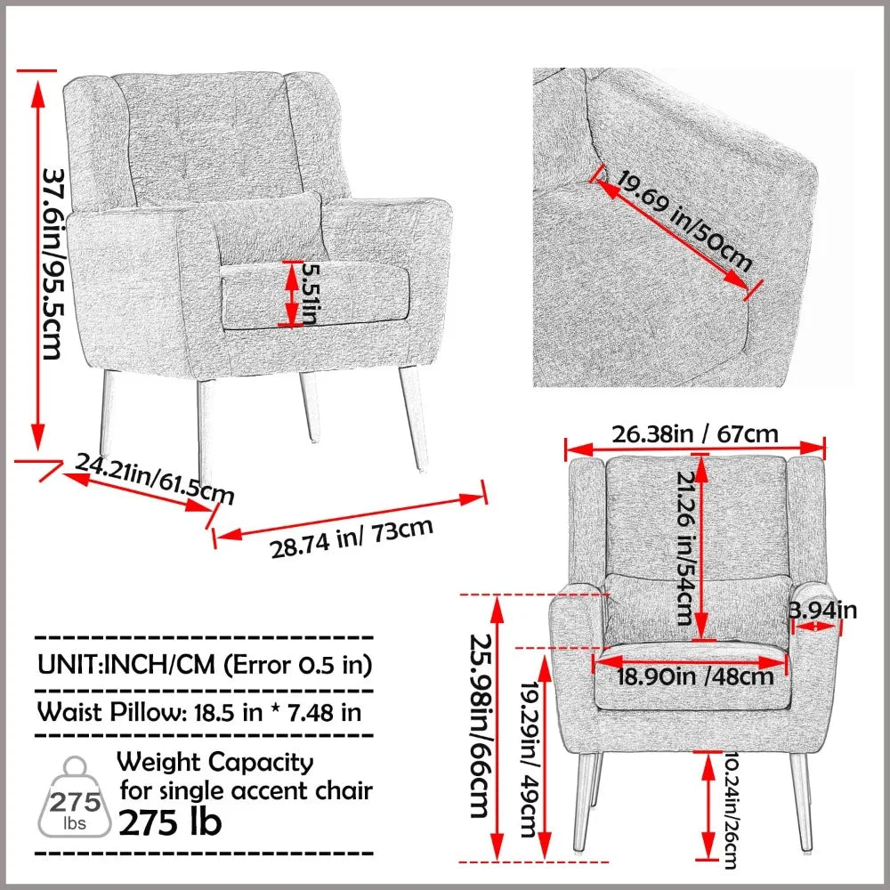 Accent Chair, Comfy Upholstered Living Room Chairs with High Tufted Backrest and Pillow, Wingback Reading Chair, Customized