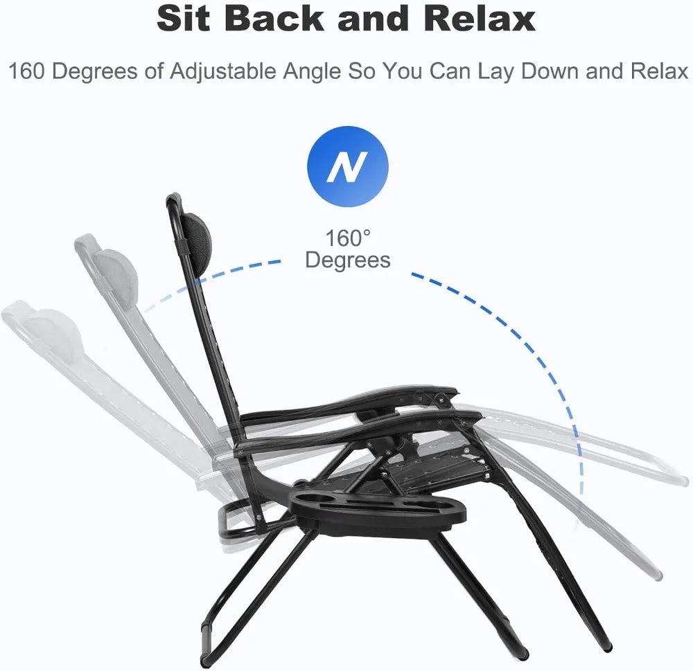 Set of 2 Relaxing Recliners Patio Chairs Adjustable Steel Mesh Zero Gravity Lounge Chair Beach Chairs with Pillow and Cup Holder
