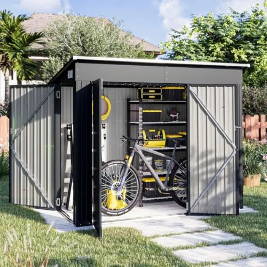4' X 8' Shed Outdoor Storage Shed with Triple Lockable Door Metal Storage Cabinet with Slopping Roof for Tools Bicycles Storage