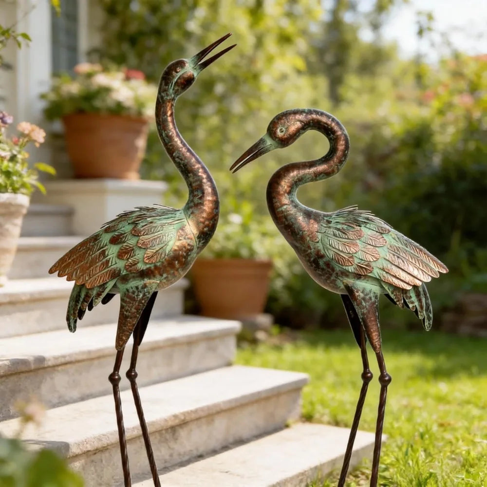 Blue Heron Garden Statues, Metal Crane Sculptures for Outdoor Decor, Patina Art Lawn Ornaments for Yard Patio