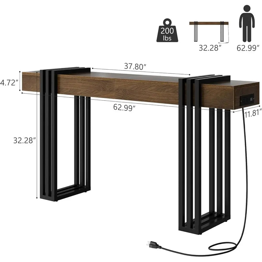 63"Long Console Table for Entryway - Behind Couch Table for Living Room, Wood Sofa Tables with Black Parallel Metal Frame,Walnut