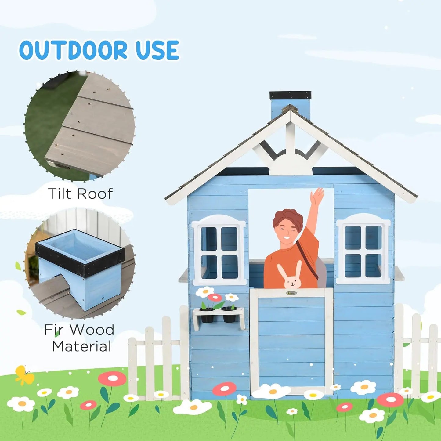 Playhouse for Kids Outdoor, Country Style Wooden Playhouse with Flower Pot Holders, Working Door, Windows, Service, Customized