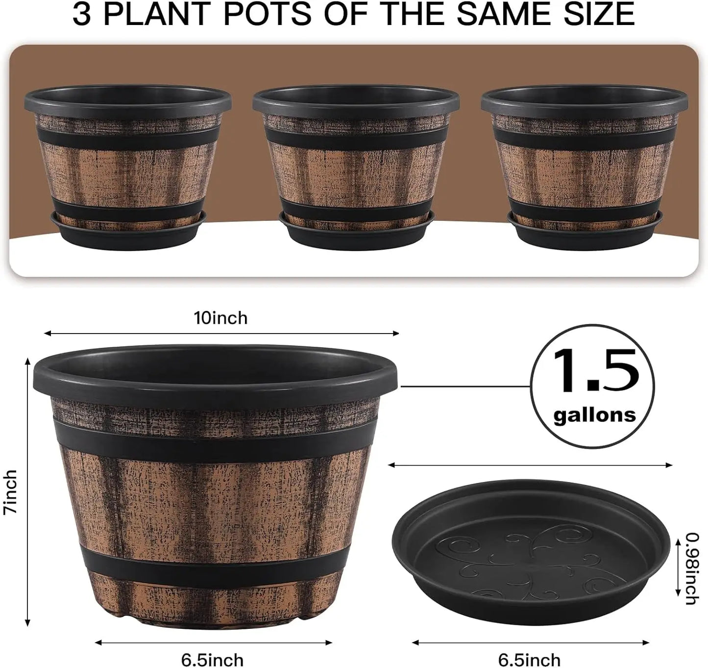 3 Pack 10 inch Plant Pots,Whiskey Barrel Planters with Drainage Holes & Saucer, Plastic Decoration Flower Pots Imitation Wine