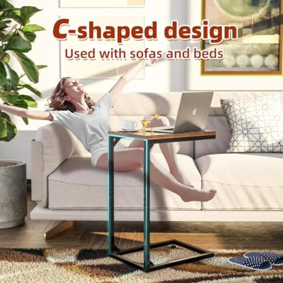 C Shaped End Table for Couch Small Side Table TV Tray Table with Metal Frame for Living Room Bedroom Rustic Brown