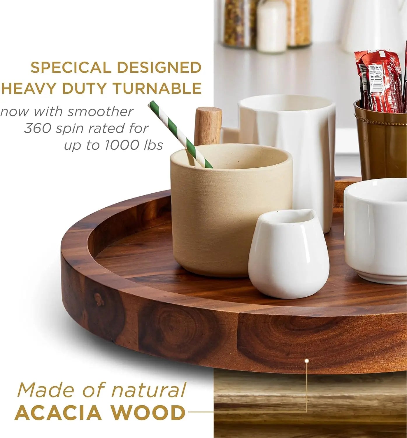 16" Acacia Wood Lazy Susan Turntable Serving Tray for Charcuterie Boards, Extra Large Black Round Kitchen Organizer