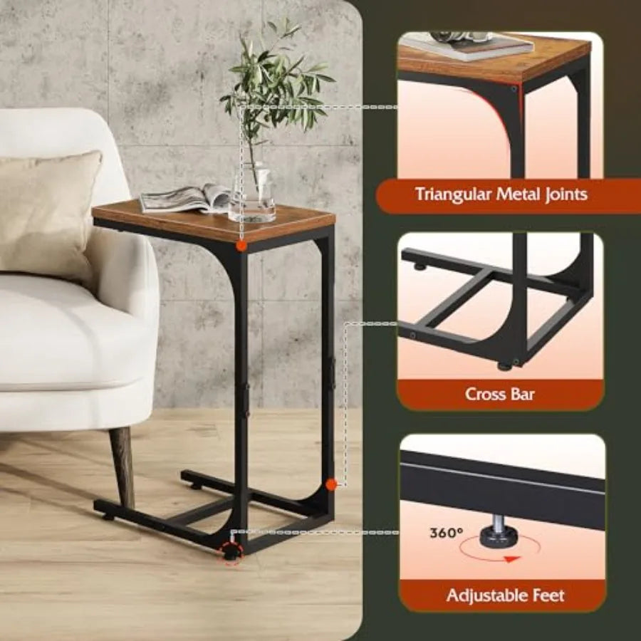 C Shaped End Table Small Couch Side Tables with Metal Frame That Slide Under Sofa Table TV Tray for Living Room Bedroom Rustic