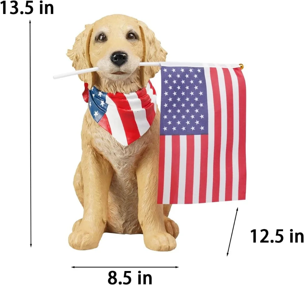 Large Resin Puppy with American Flag Statue for Outdoor Yard Lawn Decor, Patriotic Garden Decoration 12.5x8.5x13.5 Inch