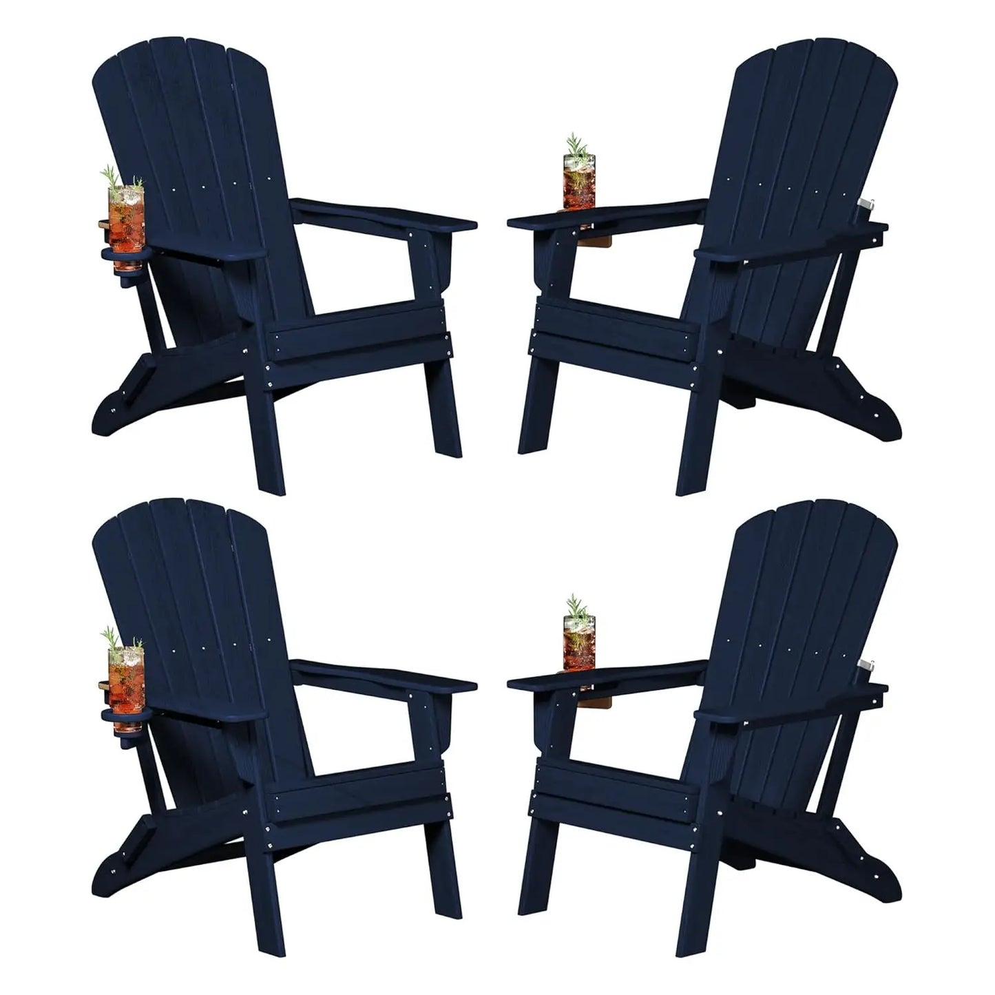 Folding Adirondack Chair Set of 4, Cup Holder，Wooden Textured ，Heavy All-Weather HDPE Comfortable Set Poolside, Customized