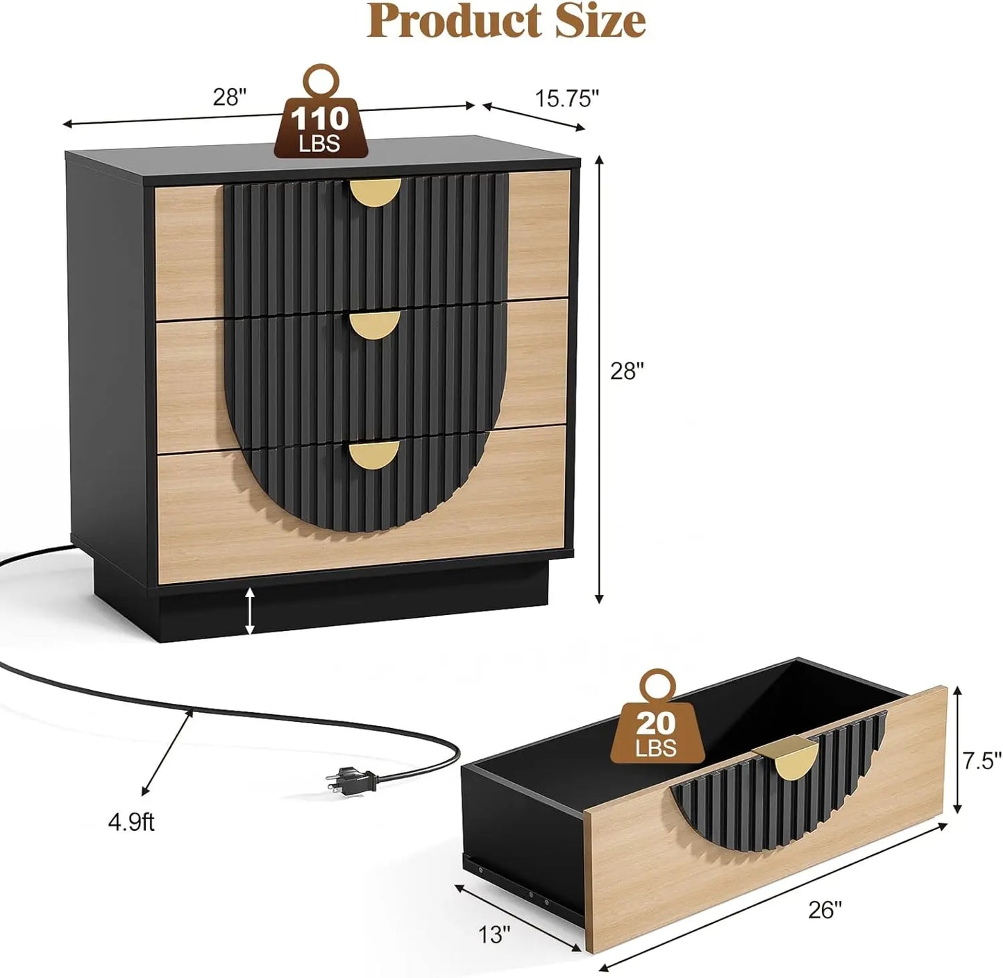 3 Drawer Nightstand with Charging Station, 28" Fluted Night Stand & Modern Bedside Table, Wood End Table Storage Cabinet
