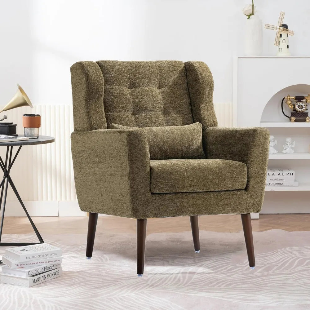 Accent Chair, Comfy Upholstered Living Room Chairs with High Tufted Backrest and Pillow, Wingback Reading Chair, Customized