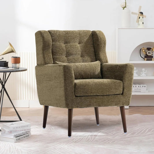 Accent Chair, Comfy Upholstered Living Room Chairs with High Tufted Backrest and Pillow, Wingback Reading Chair, Customized