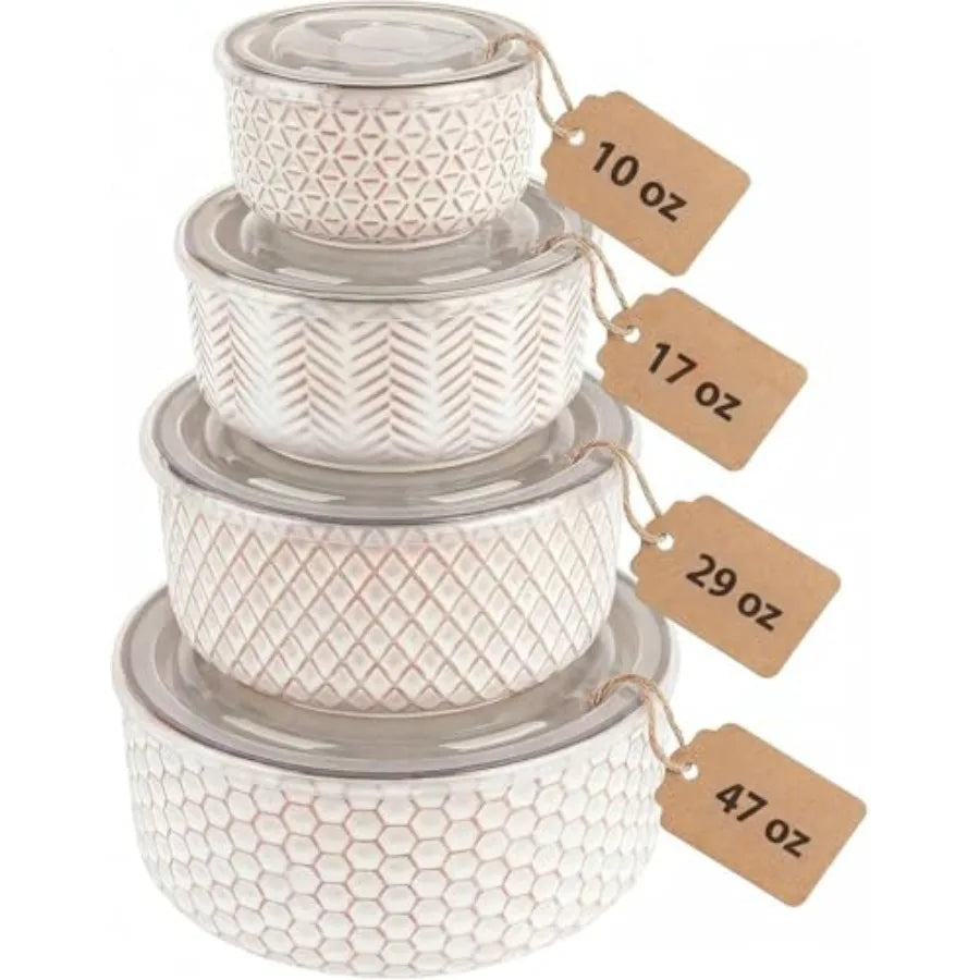 Serving Bowls with Lids Ceramic Nesting Bowls Set of 4 Embossed Kitchen Prep Stackable Gift Microwave and Dishwasher Safe 10/16