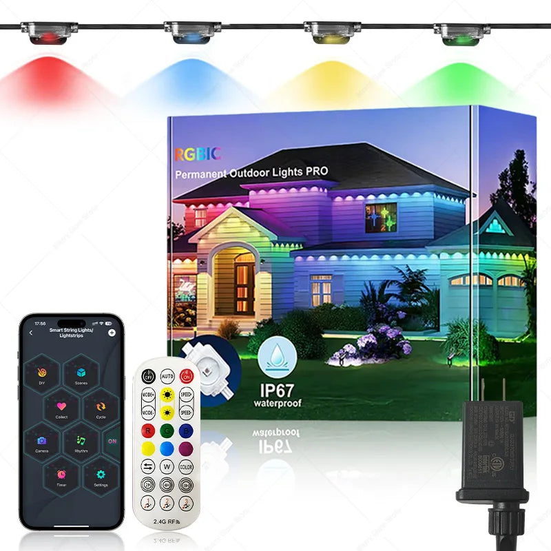 Permanent Outdoor Lights 150FT 90LEDs Smart RGBIC Eaves Lights Scene Modes IP67 Waterproof for Halloween Christmas Decorations