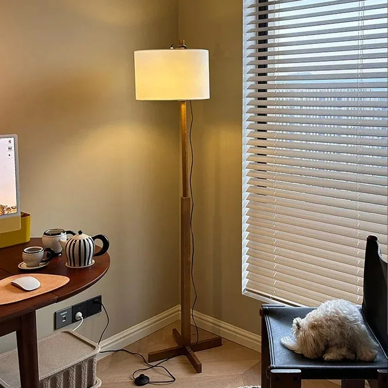 Wabi sabi wood Floor Lamp Designer Japanese fabric Liftable lamp office Coffee reading lamp retro office Study Vertical Lamp