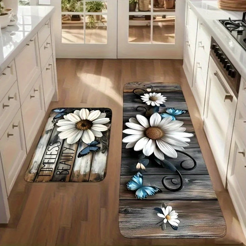 Farmhouse Wood Grain Daisy Butterfly Mat, Polyester Flannel Non-Slip Machine Washable Rug for Kitchen Dining Room Decor