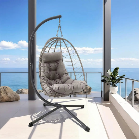 Hanging Egg Chair with Stand, Outdoor Indoor Rattan Wicker Swing Chair, Foldable Patio Hammock with Cushion, Dark, Customized