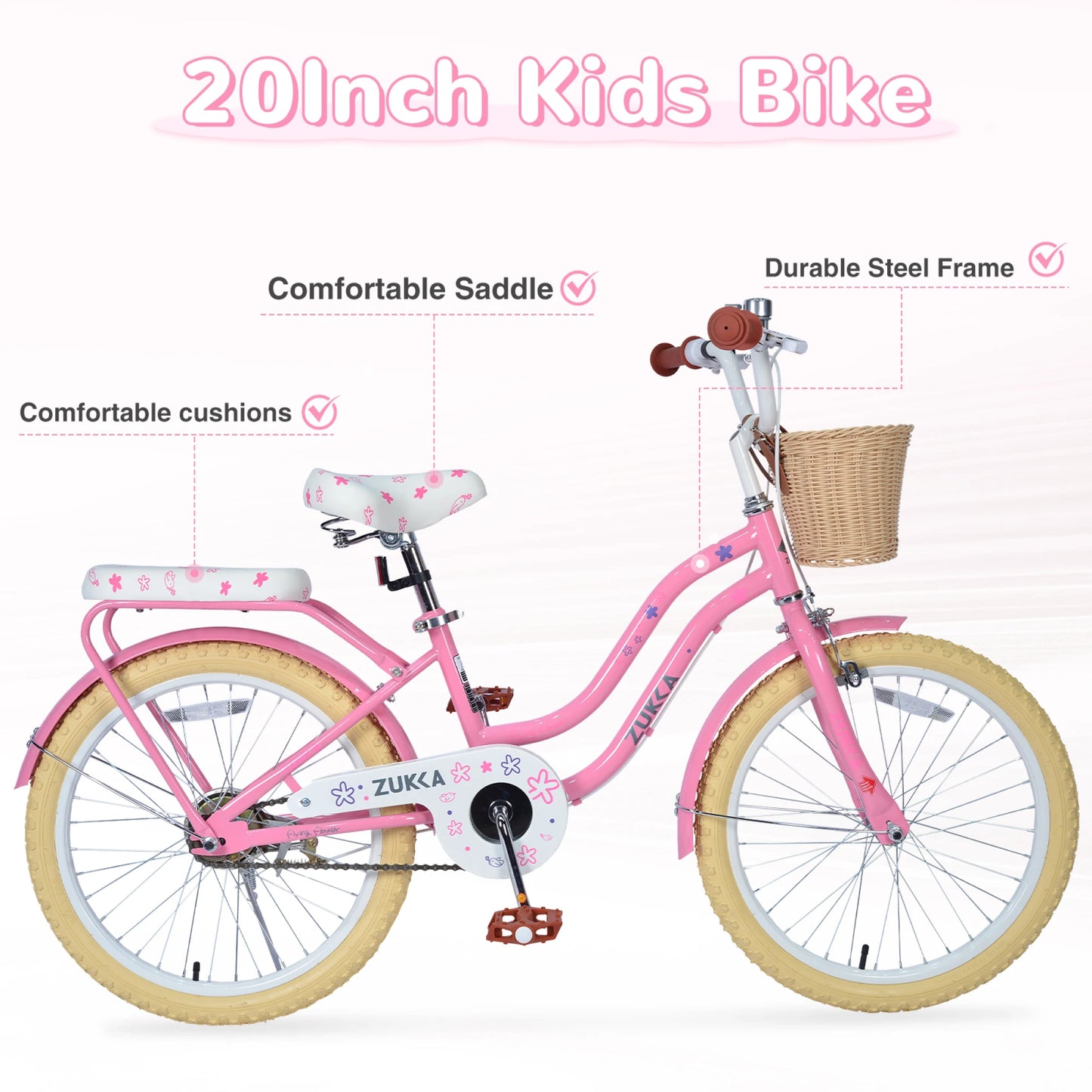 20" Girl Bicycle with Front Basket, Rear Rack & Single Speed Steel Frame, Kids Pedal Bicycle for 7-10 Years Old