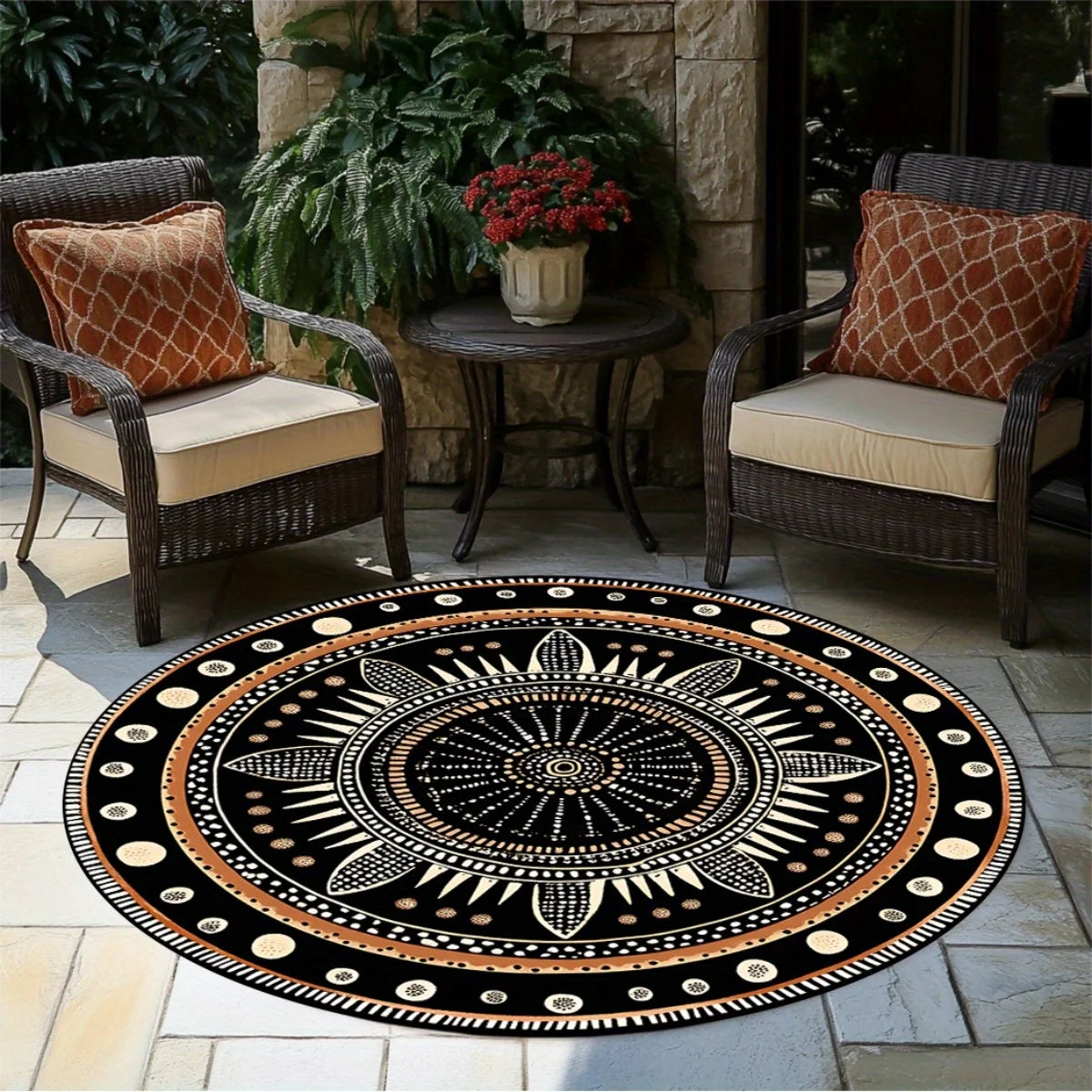 African Geometric Round Rug, Durable Polyester, Fade-Resistant & Washable, Mystical Ethnic Design, for Bedroom/Living Room