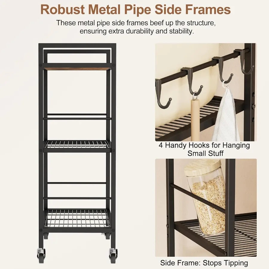 3-Tier Kitchen Cart With Adjustable Shelves - Microwave Storage Cart & Utility Rolling Organizer, Industrial Wheels For Small Sp