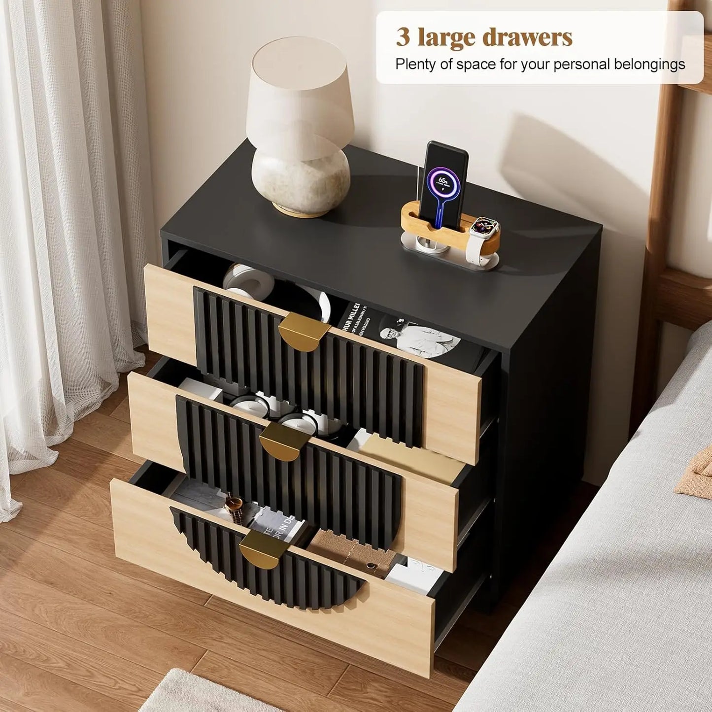 3 Drawer Nightstand with Charging Station, 28" Fluted Night Stand & Modern Bedside Table, Wood End Table Storage Cabinet