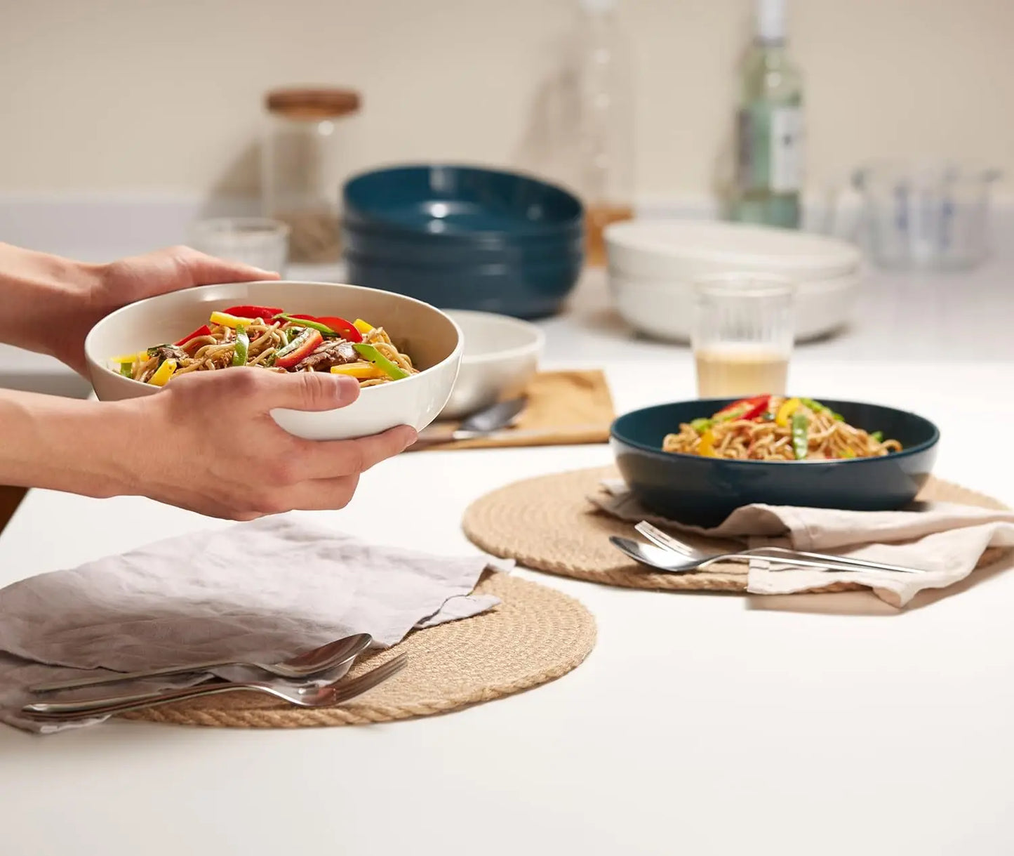 Large Ceramic Pasta Salad Soup Bowls, Set of 4, 40 Oz, Microwave Dishwasher Safe White Serving Bowls