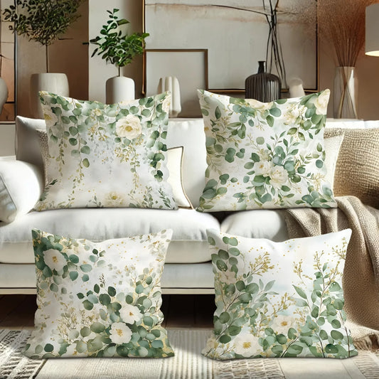 4pc Fresh Green Plants Floral Pattern Home Decor Pillowcase Living Room Sofa Polyester Cushion Cover with Zipper
