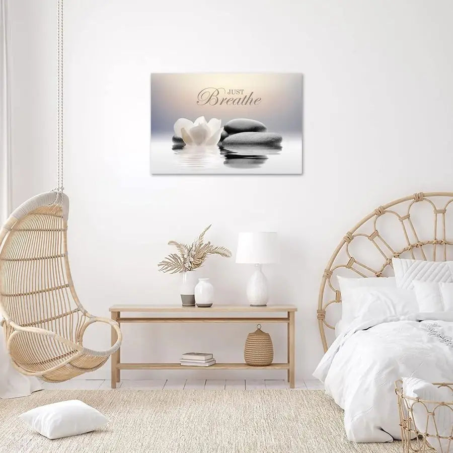 Stone Canvas Wall Art Just Breathe Yoga Quotes Poster for Spa Decor White Lotus Flower Pictures Prints for Bathroom Modern Spiri