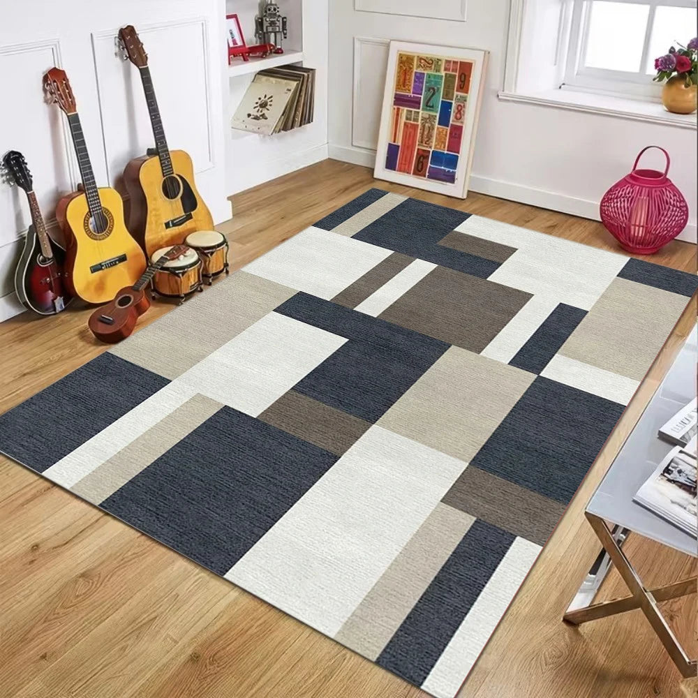 Modern Neutral Patchwork Square Stripe Area Rug - Minimalist Soft Non-Slip Floor Mat for Living Rooms Bedrooms & Home Spaces