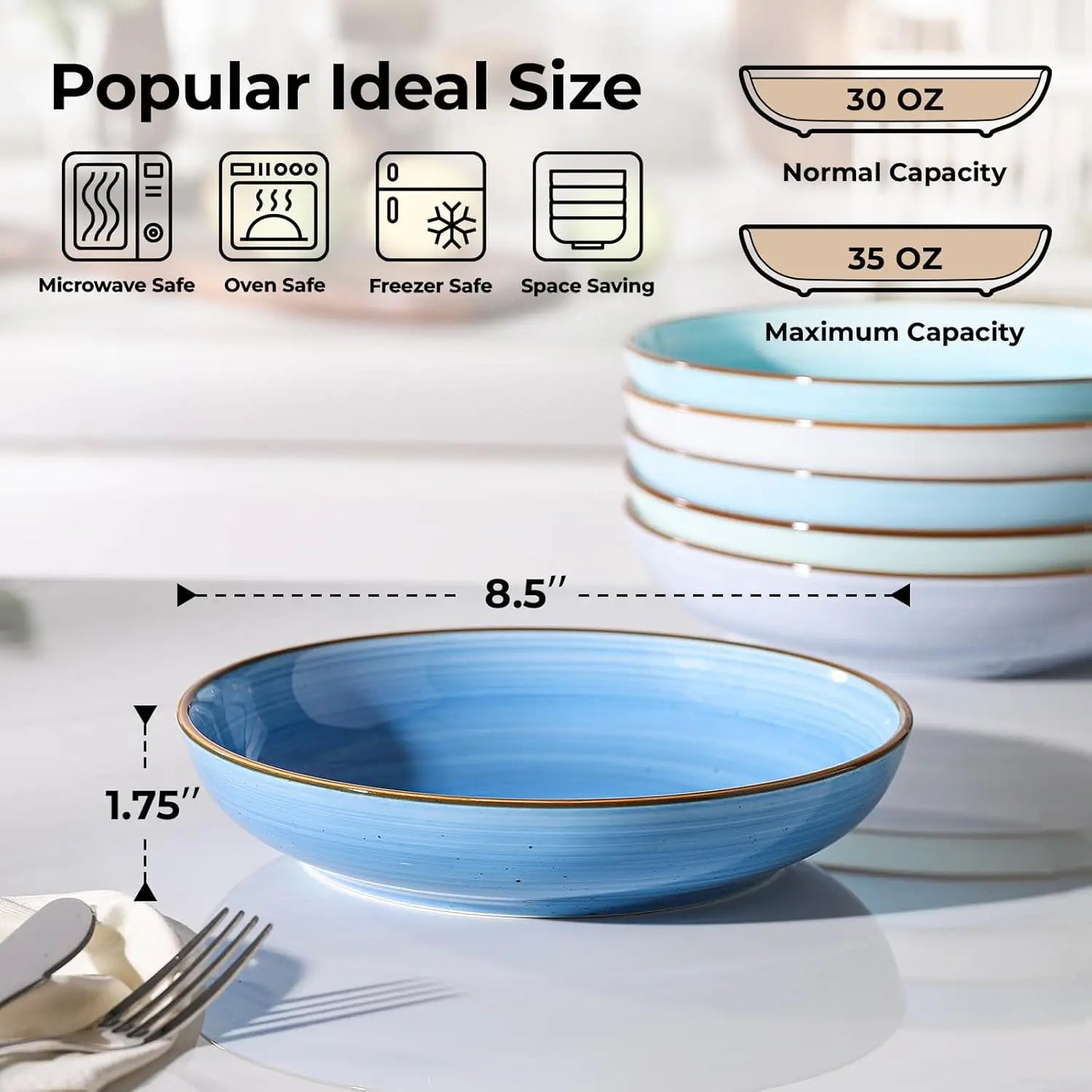 8.5'' Ceramic Pasta Bowls Set of 6, 30 oz Shallow Salad & Soup Bowls, Microwave & Dishwasher Safe Dinnerware in Gradient Blue