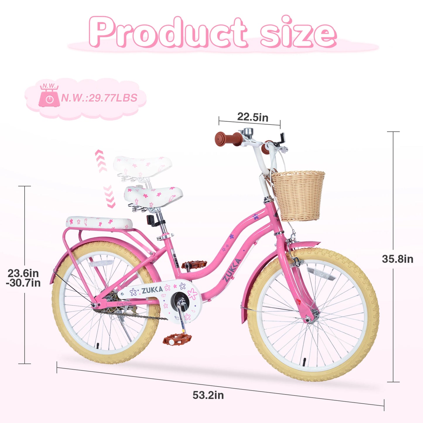 20" Girl Bicycle with Front Basket, Rear Rack & Single Speed Steel Frame, Kids Pedal Bicycle for 7-10 Years Old