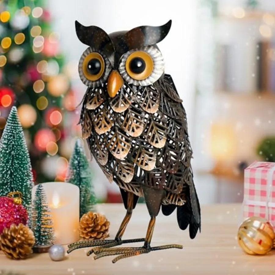 Garden Statue Metal Owl Yard Art Outdoor Decor with Solar LED Lights for Patio Lawn Decoration Great Gifts