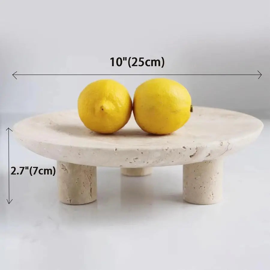 Handmade Travertine Fruit Bowl for Kitchen Counter 10, Large Decorative Bowl for Home Decor, Modern 3Legs Serving Plate, Key Bow