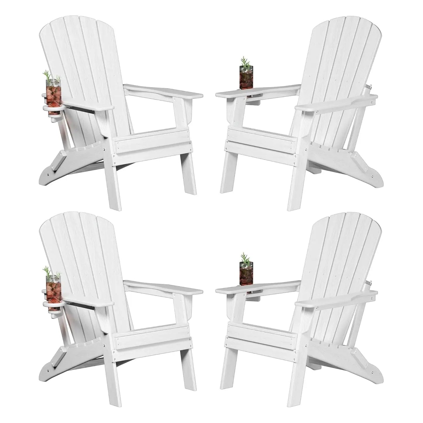 Folding Adirondack Chair Set of 4, Cup Holder，Wooden Textured ，Heavy All-Weather HDPE Comfortable Set Poolside, Customized