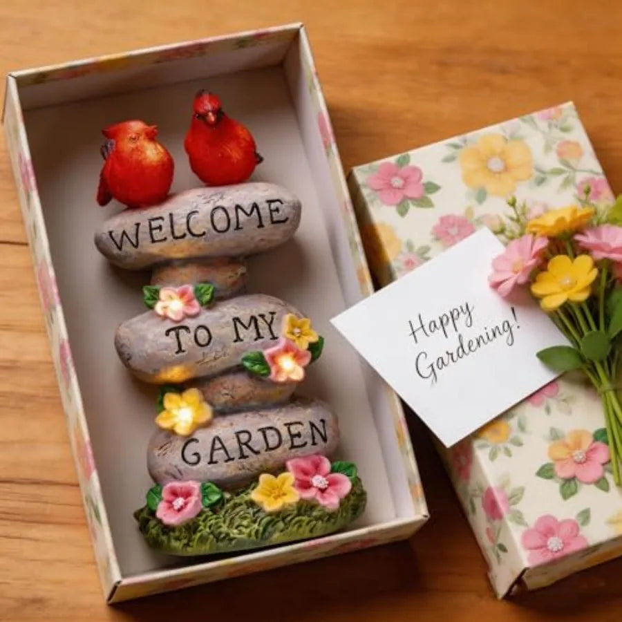 Garden Statues with Outdoor Solar Lights for Garden Decor Cardinal Birds Welcome Yard Sign Rocks and Flower Resin Valentines De