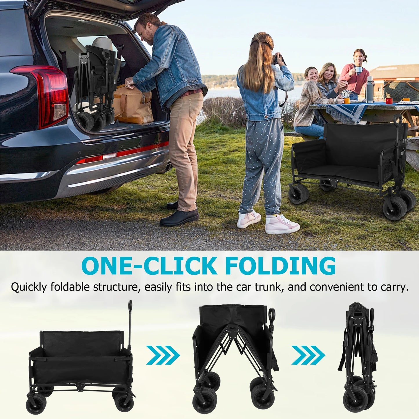 40In Collapsible Wagon Cart Heavy Duty 265LBS Utility Grocery Cart with Wheels for Camping Sports Outdoor Activities Black