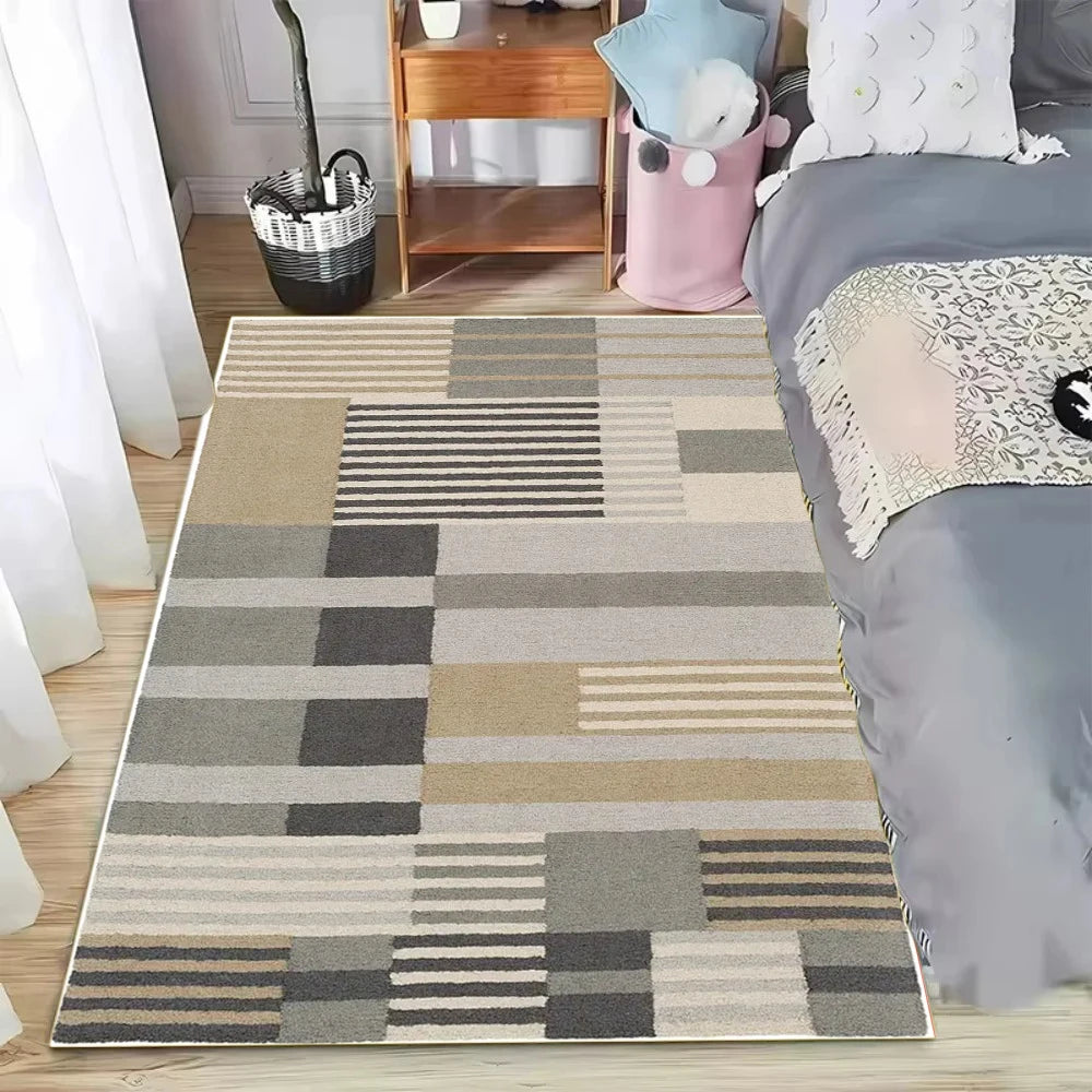 Modern Neutral Patchwork Square Stripe Area Rug - Minimalist Soft Non-Slip Floor Mat for Living Rooms Bedrooms & Home Spaces