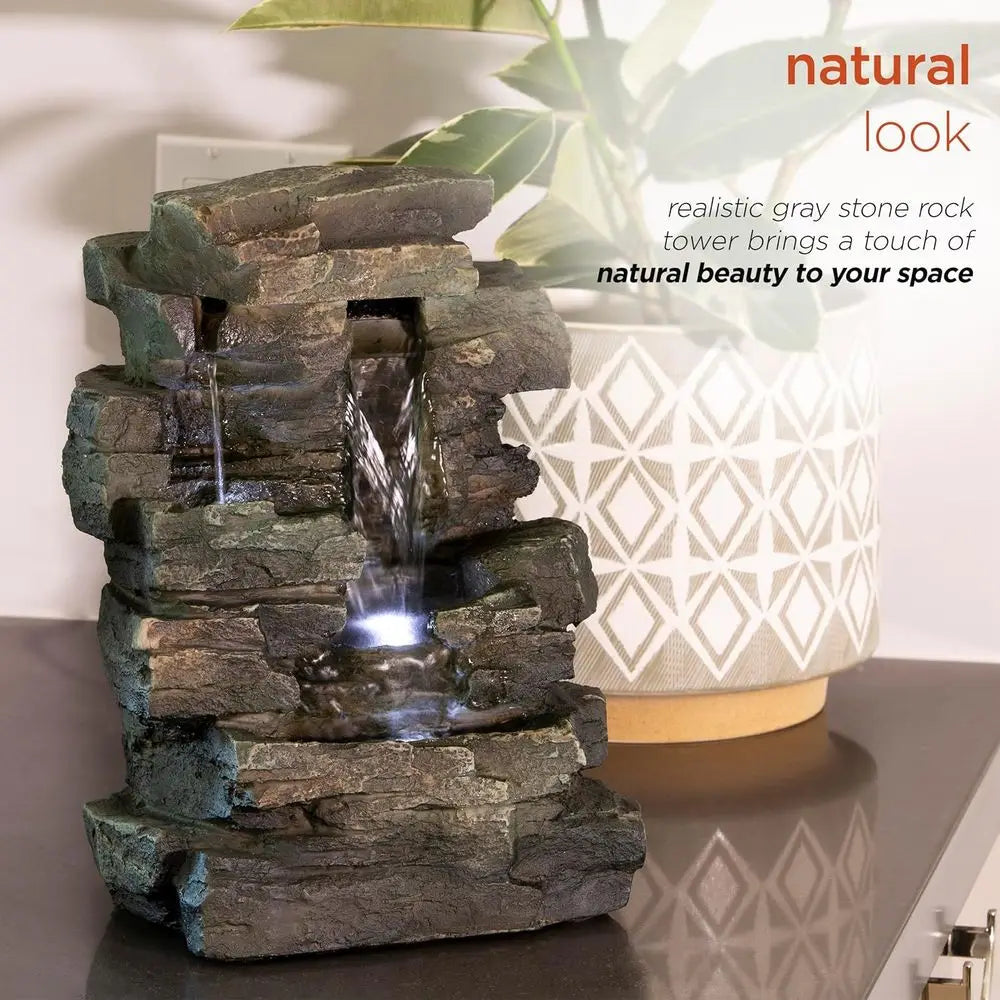 13" Tall Indoor Tabletop Water ountain, 4 Tier Cascading Water eature with LED Lights or Home, Oice, Living Room, or Zen Decor,