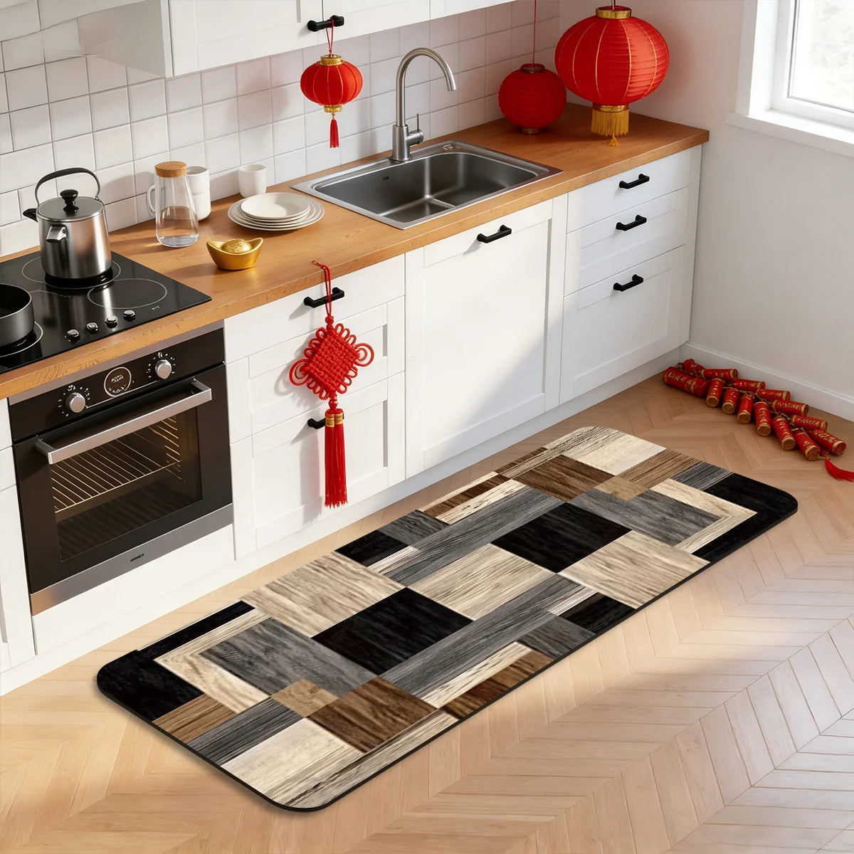 Patchwork Wood Tile Rug – Plaid Design in Neutral Tones for Living Room, Bedroom & Bathroom 40x60cm 50x80cm