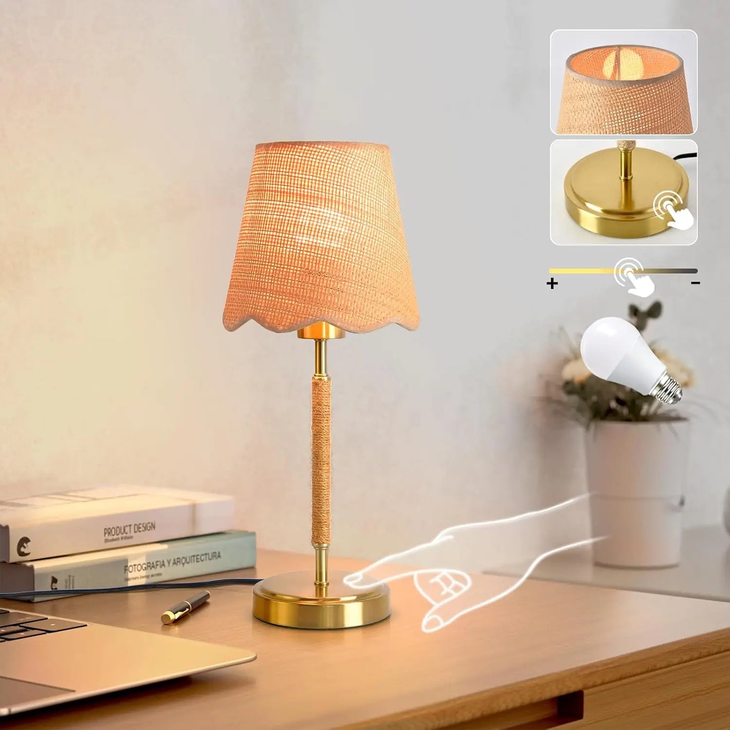 Boho Table Lamp for Bedroom, Touch Control Bedside Table Lamp with Brass Gold Base, Rustic Desk Lamp for Kitchen,Nightstand