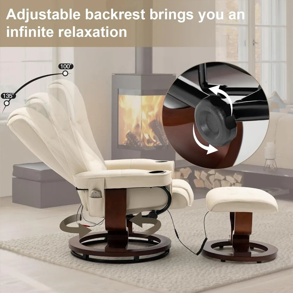 Reclining Chair with Vibration Massage Faux Leather Recliner with Ottoman Swivel Wood Recliner Chairs, Customized