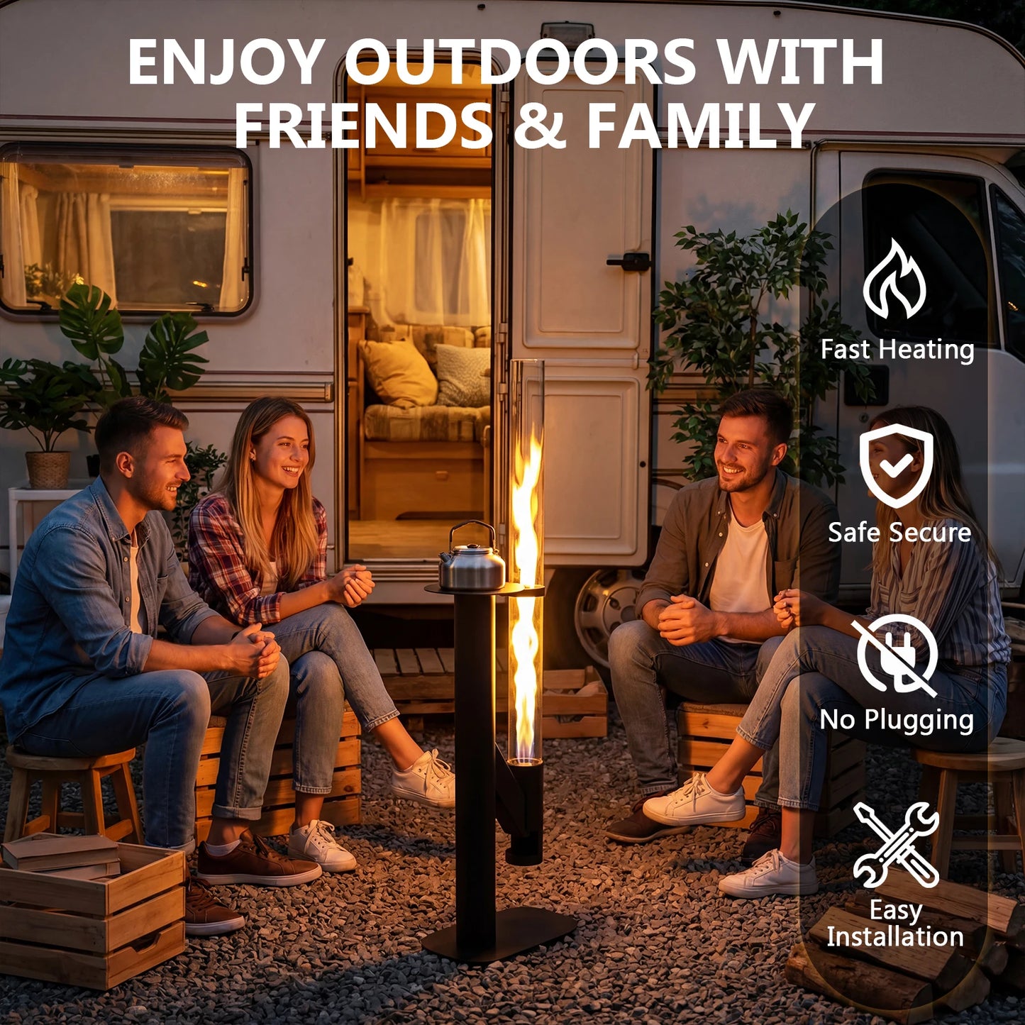 50.79in Patio Heater Wood Pellet Stove with Glass Tube Portable Wood Pellet Fire Pit with Table for Home Gardens Commercial Use
